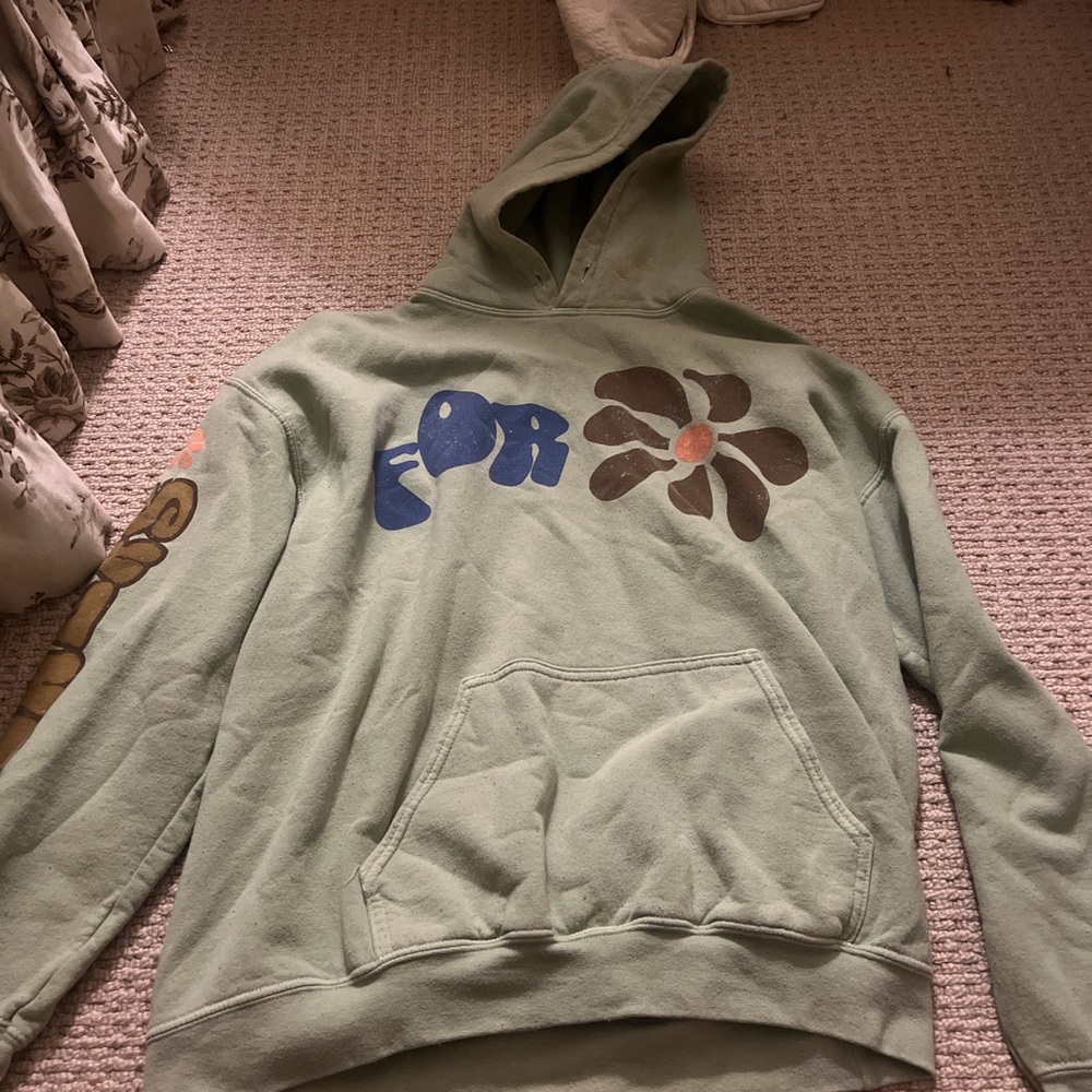 Urban Outfitters Green Hoodie with Blue and Brown Graphics